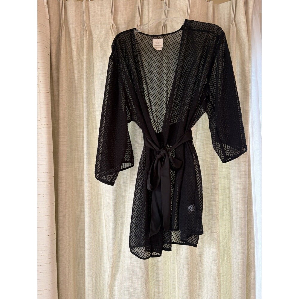 Kate Spade Robe L / XL Black Sheer Polka Dot Kimono Chiffon Bow Belt Bridal